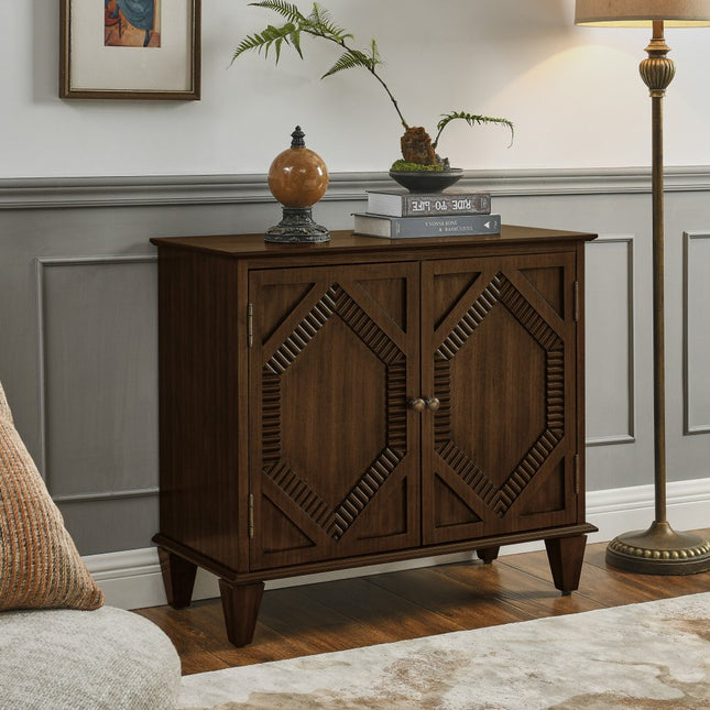 34" Brown Wood Carved Geometric Accent Cabinet With Two Doors