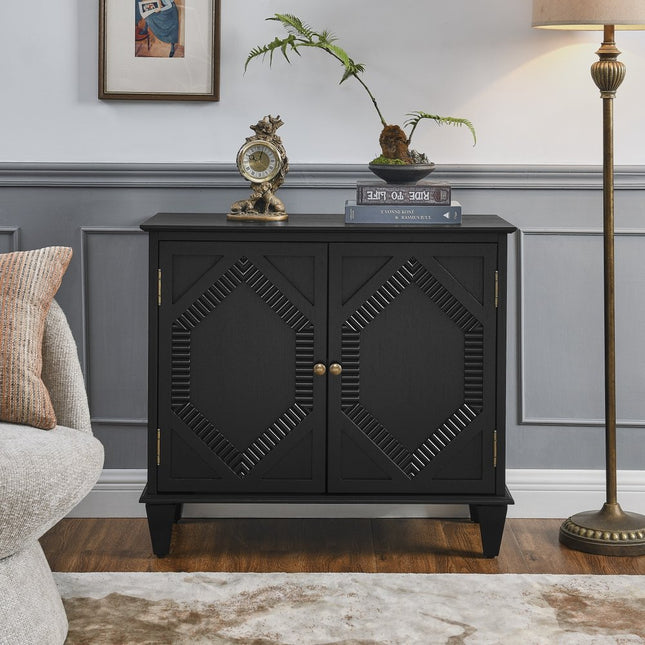 34" Black Wood Carved Geometric Accent Cabinet With Two Doors