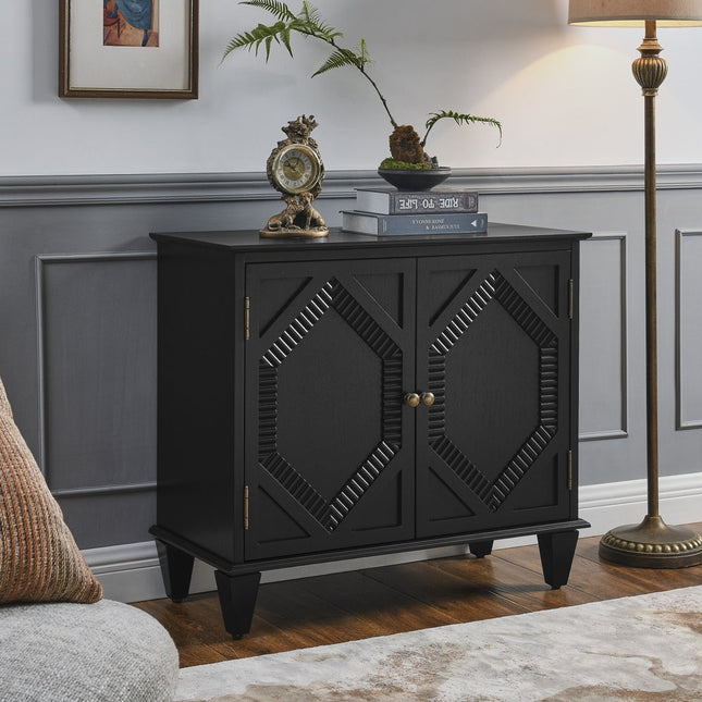 34" Black Wood Carved Geometric Accent Cabinet With Two Doors