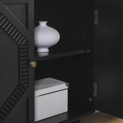 34" Black Wood Carved Geometric Accent Cabinet With Two Doors