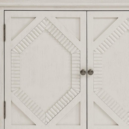 34" White Wood Carved Geometric Accent Cabinet With Two Doors