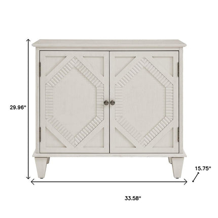 34" White Wood Carved Geometric Accent Cabinet With Two Doors