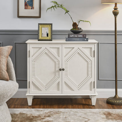 34" White Wood Carved Geometric Accent Cabinet With Two Doors