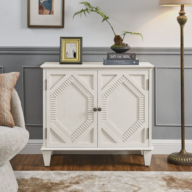 34" White Wood Carved Geometric Accent Cabinet With Two Doors