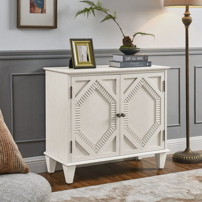34" White Wood Carved Geometric Accent Cabinet With Two Doors