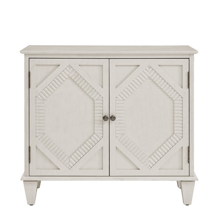 34" White Wood Carved Geometric Accent Cabinet With Two Doors