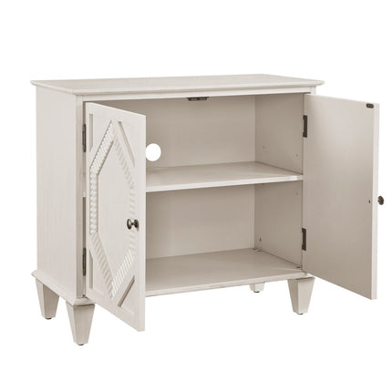 34" White Wood Carved Geometric Accent Cabinet With Two Doors