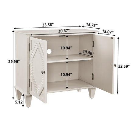 34" White Wood Carved Geometric Accent Cabinet With Two Doors