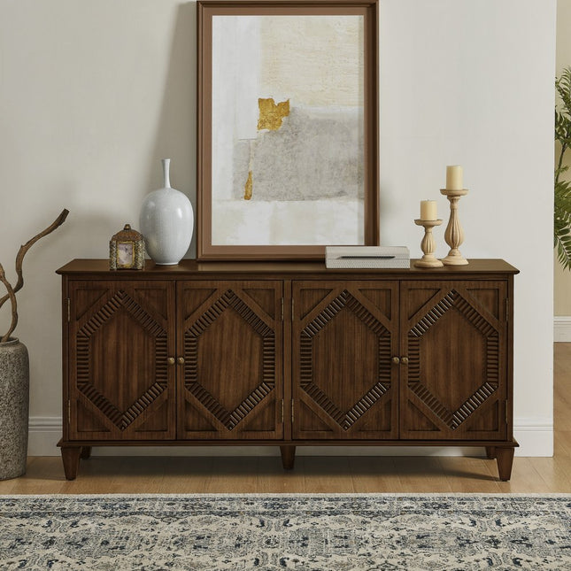 66" Brown Wood Carved Geometric Accent Cabinet With Four Doors