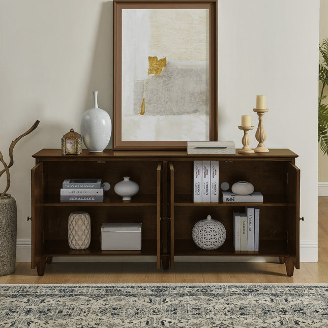 66" Brown Wood Carved Geometric Accent Cabinet With Four Doors