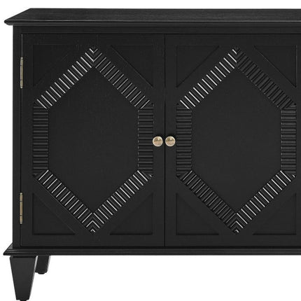 66" Black Wood Carved Geometric Accent Cabinet With Four Doors