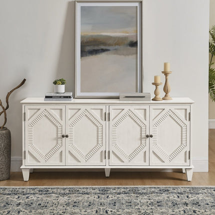 66" Black Wood Carved Geometric Accent Cabinet With Four Doors
