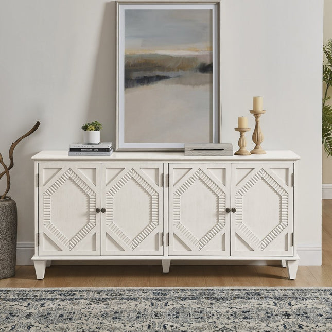 66" Black Wood Carved Geometric Accent Cabinet With Four Doors