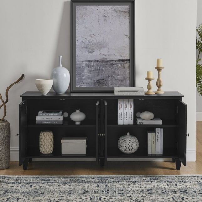 66" Black Wood Carved Geometric Accent Cabinet With Four Doors
