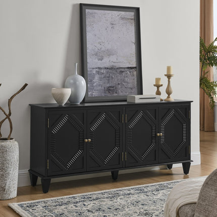 66" Black Wood Carved Geometric Accent Cabinet With Four Doors
