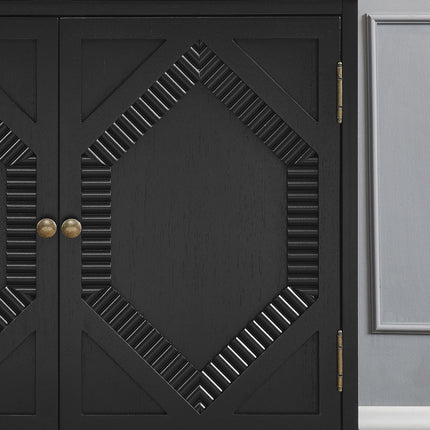 66" Black Wood Carved Geometric Accent Cabinet With Four Doors