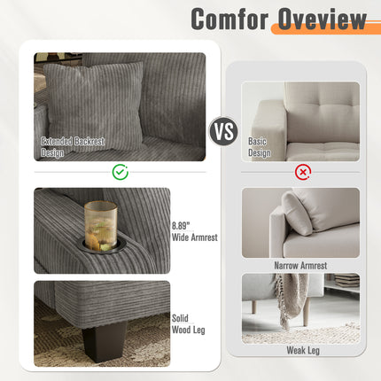 Sofa Couch 84" 3-Seater with 2 Pillows, Cup Holders & Side Pockets - Space-Saving Grey Foam
