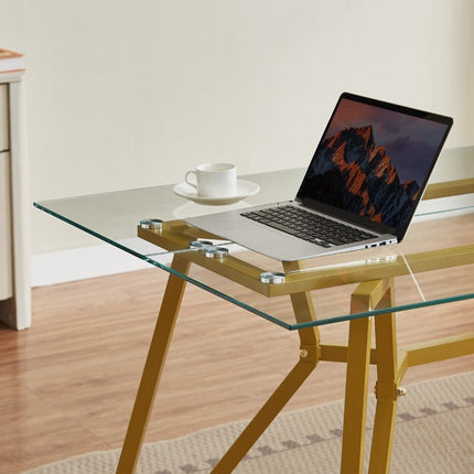 71" White and Gold Glass and Steel Trestle Coffee Table