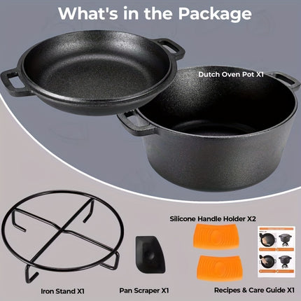 2-in-1 Cast Iron Cookware Set (Dutch Oven + Skillet) - Dual-Purpose Pots And Pans Set for Stove,