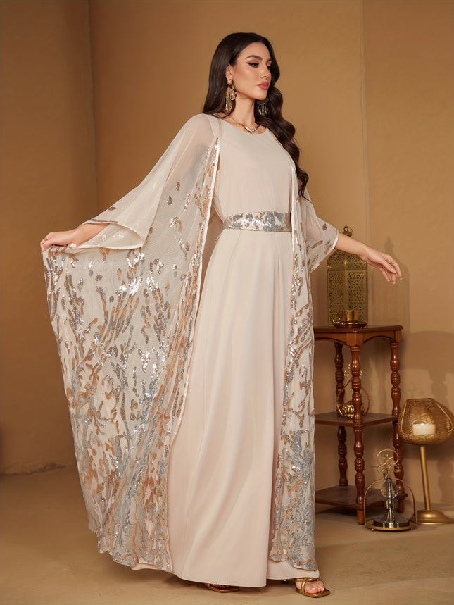 Elegant Directional Non-Positioning Floral Long-Sleeve Sequin Patchwork Dress with a Belt That Can Be Worn