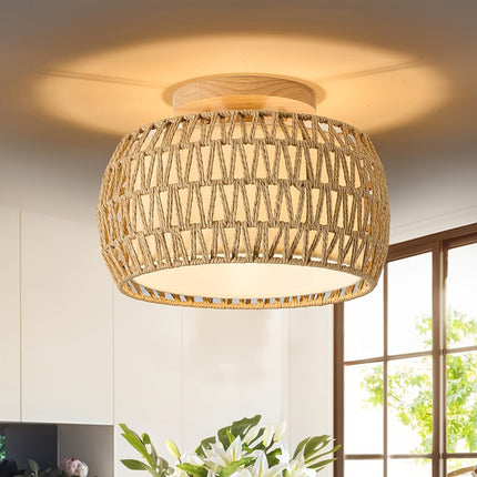 1pc Bohemian Rattan Semi-Flush Mount Ceiling Light Fixture For Farmhouse Decor