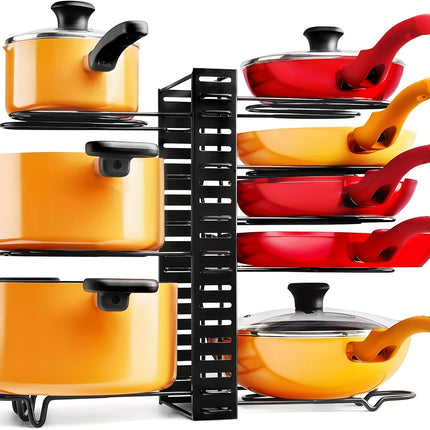 8-Tier Adjustable Pot Rack Cabinet Storage - Organize Kitchen Pots, Bowls, Utensils with 4 Hooks