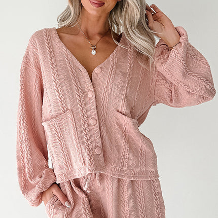 Gossamer Pink Cable Knit V Neck Cardigan Shorts Set