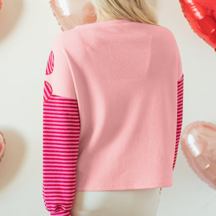 Pink Floral Patch Color Block Striped Sleeve Textured Top