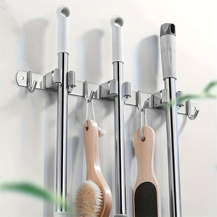 1pc, Heavy Duty Stainless Steel Wall Mount Broom & Mop Holder, Self-Adhesive Non Slip