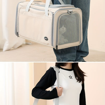 Expandable Large-Capacity Cat Carrier - Portable Linen Pet Travel Bag with Zipper Closure for Two Cats, Ideal for Outdoor Use
