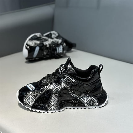 Men's Stylish Embroidered Patchwork Sneakers - Black & White Geometric Design