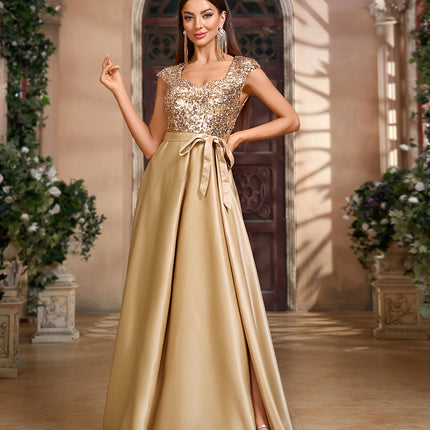 Short Sleeve Bow Belt Sequin Dress, Family Gathering Birthday Party Dress, Elegant and Fashionable Dress,