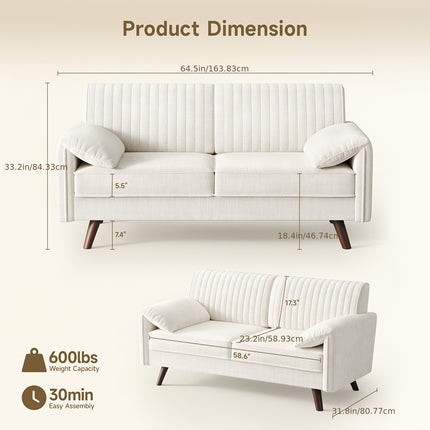 Soft-Padded Arms, Compact 2-Seater for Living Room, Bedroom, Dorm, Office