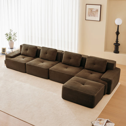 153' Modern L-Shaped Modular Sectional Sofa for Living Room, Corduroy Fabric, 4-Seater Couch with Deep Seat and Movable Ottoman, Pearl-like piping, Tufted Design, No Assembly, Anti-slip Design,Brown