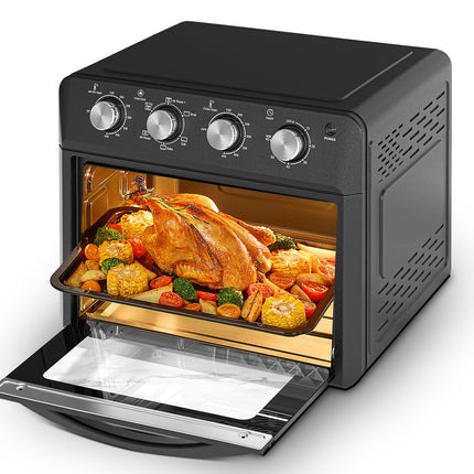 Plum Chef Air Fryer Oven 27.5QT, 6-in-1 Countertop Convection Oven, Air Fry, Bake, Broil, Toast, Warm, Dehydrate, 4 Knob Control, 1600W, Family Size for Crispy Cooking, Black