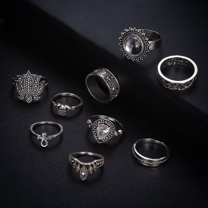 Retro Ethnic-Style Joint Ring Set Of 9 With Bold Gemstone Combinations