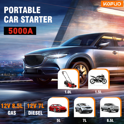 Portable Car Jump Starter Power Bank: 5000A Peak for 12V Gas/Diesel (Up to 10.0L/8.5L)