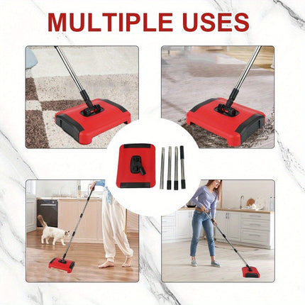 Manual Carpet Cleaner Brush, 3 Rolling Brushes Floor Sweeper Carpet Brush with Wheels