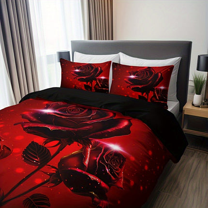 3pcs Red Rose Print Duvet Cover Set - Includes 1 Duvet Cover & 2 Pillowcases, Breathable Polyester, Machine Washable - Perfect for All Seasons