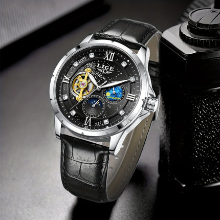 Men'S Luxury Mechanical Watch | Business Style, Mixed Color, Rhinestone Inlay, Transparent Bottom Cover,