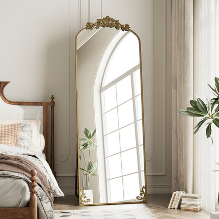 Full Length Mirror, 64"x21" Floor Mirror Freestanding With Carved Metal Frame & Bottom Art Carved,
