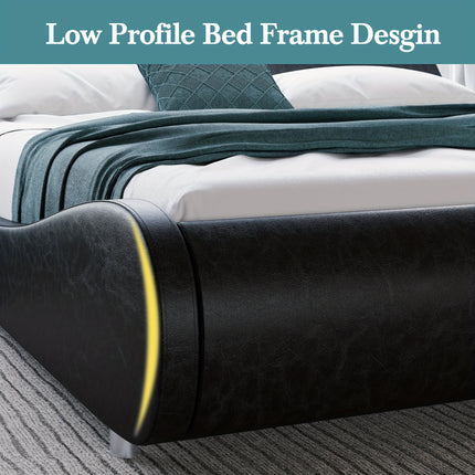 Bed Frame with Adjustable Headboard - Deluxe Faux Leather Upholstered Bed, Solid Wood