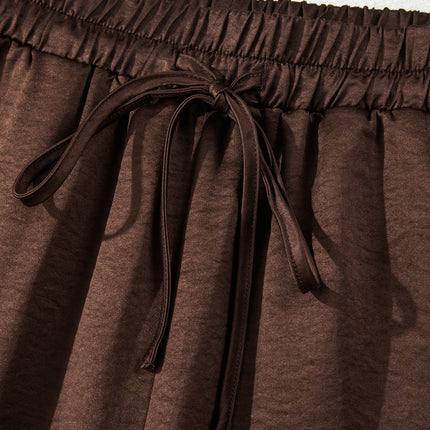 Dark Brown Braided V Neck Long Sleeve Loose Top and Drawstring High Waist Pants 2pcs Outfit