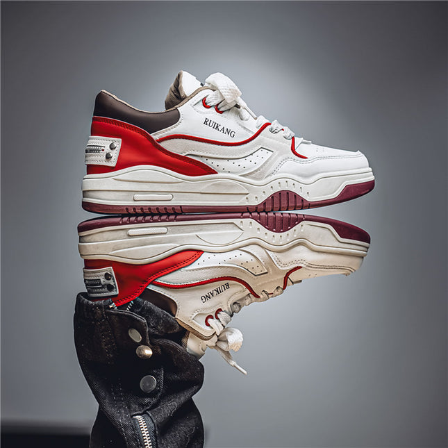 Men's Large Size Low-Top Sneakers - PU Upper & White/Red Burgundy Color