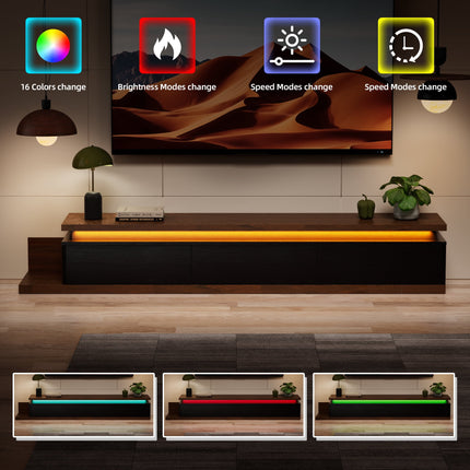 Extendable TV Stand with LED Lights Modern Reversible Wood Entertainment Center