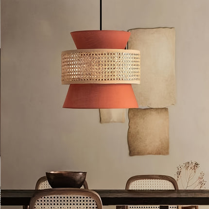 Vintage Rattan Woven Chandelier with Rattan And Fabric Lampshade,