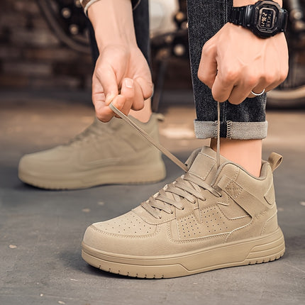 Outdoor Casual Sneakers - Beige PU Upper, MD Sole & EVA Cushioning, Breathable Fabric Lining