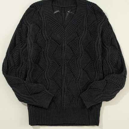 Black Hollow Out Knit V Neck Drop Shoulder Sweater