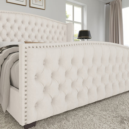Handcrafted Velvet Bed Frame Featuring a Wingback Headboard,