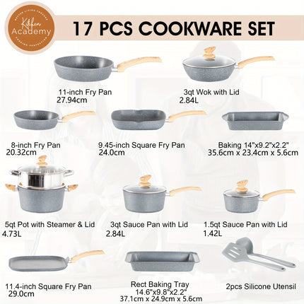 Mix Patio 17 Pieces Induction Cookware Set, Green Granite Pots And Pans Set,